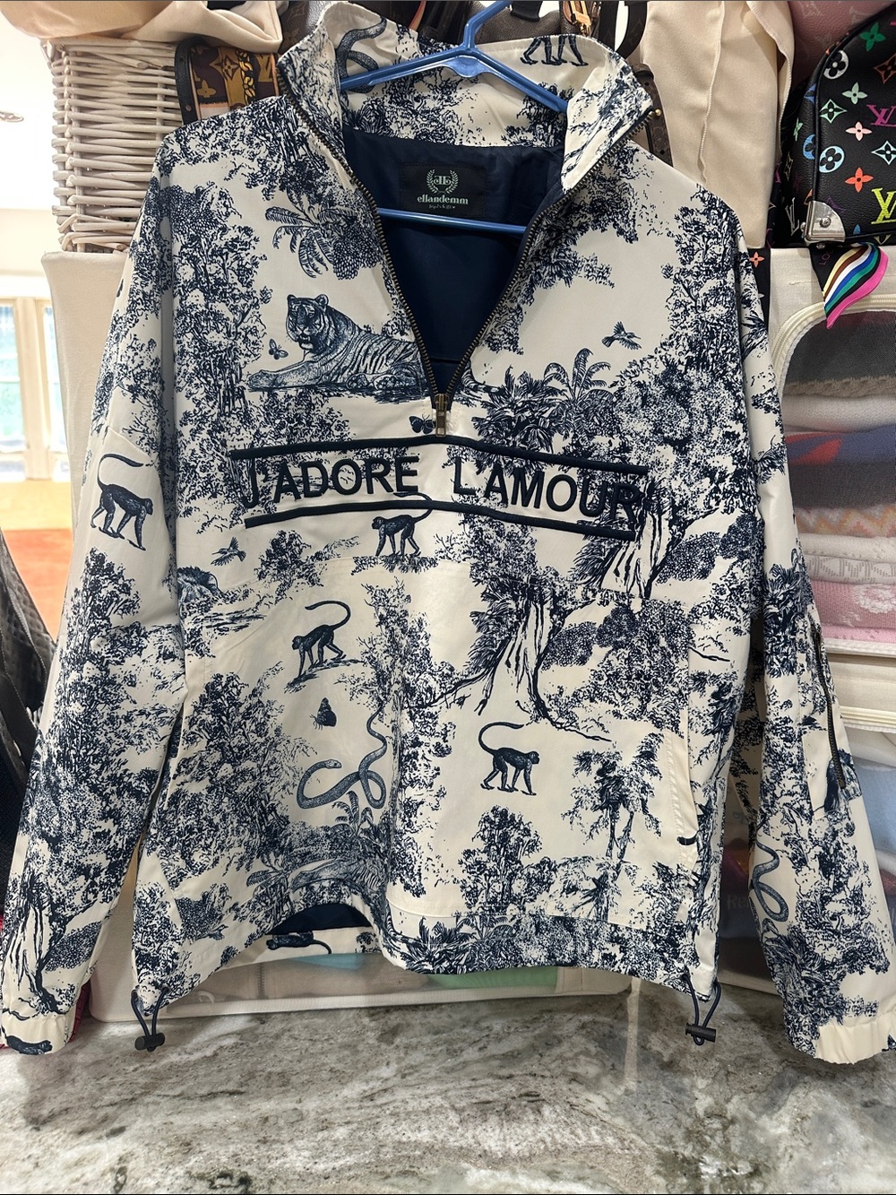 Ellandemm J'Adore L'Amour Hooded Pullover Jacket - Navy & Cream size M/L Lk New!